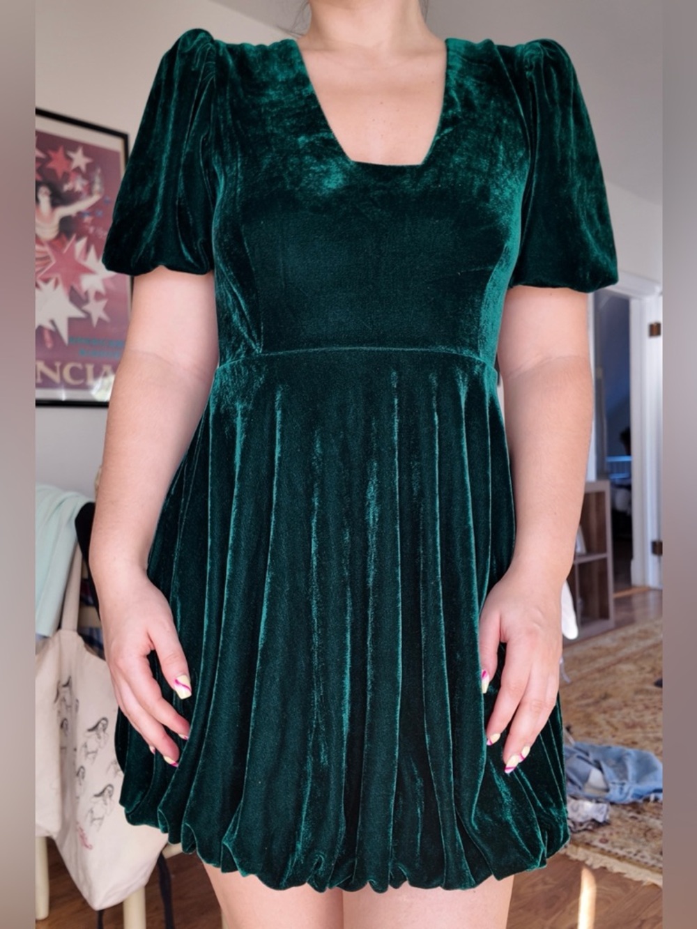 Velvet Puff-Sleeve Mini Dress - Emerald Green